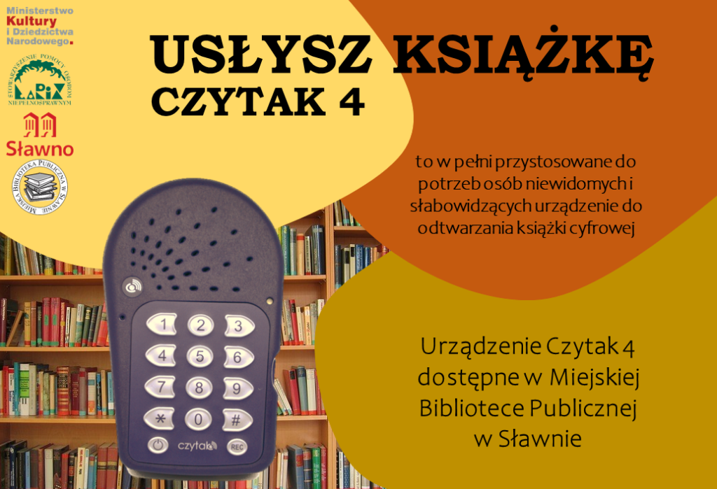 Plakat informujący o wprowadzeniu usługi wypożyczenia Czytak 4 do biblioteki.