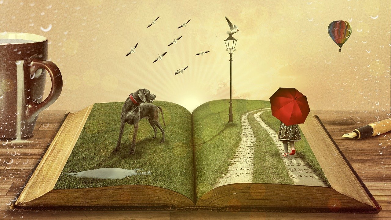 Ilustracja przedstawiająca klucz ptaków psa latarnie i dziewczynkę z parasolem spacerującą po książce