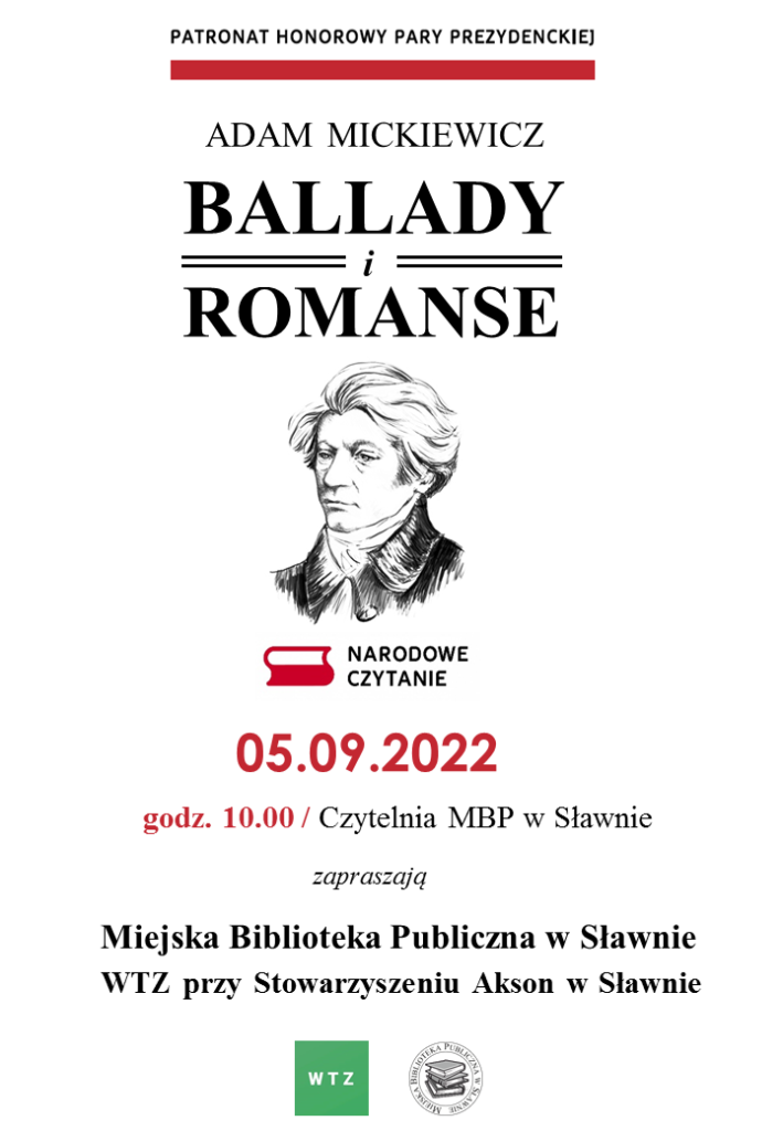 Plakat informujący o Narodowym Czytaniu w Miejskiej Bibliotece Publicznej w Sławnie. 