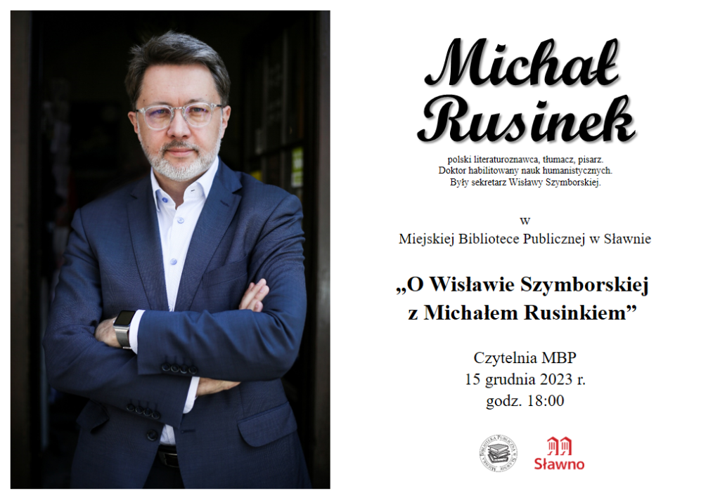 Plakat zapraszający na spotkanie z Michałem Rusinkiem.