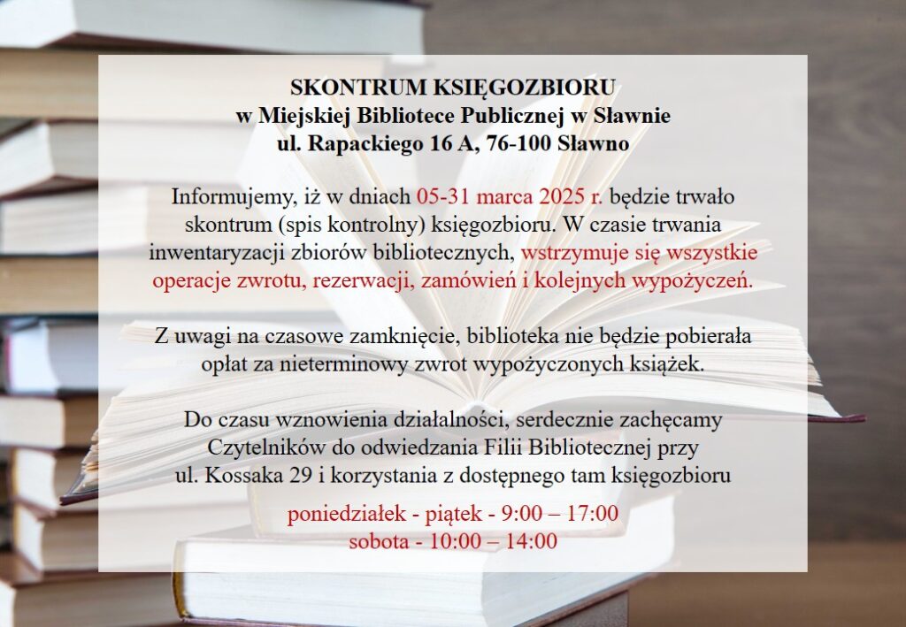 Na zdjęciu informacja o zamknięciu biblioteki na czas inwentaryzacji zbiorów.