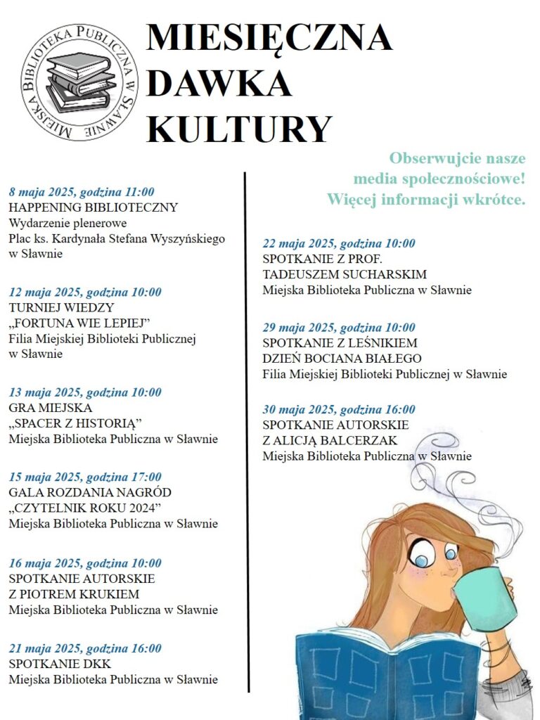 Na zdjęciu plakat zapraszający na wydarzenia w bibliotece, które odbędą się w okresie majowym. 