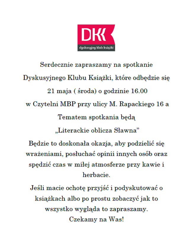 Plakat informujący o spotkaniu DKK dla Dorosłych.
